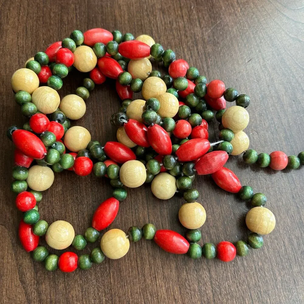 Vintage Wood Wooden Bead Garland Red Green 8 ft+ long 2 Strands